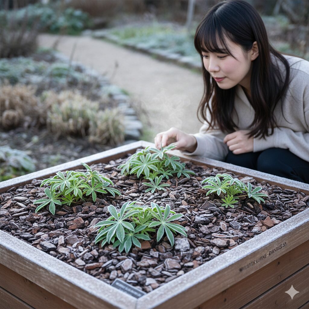 ルピナス育て方 プランター7　冬越し中のルピナスのプランター。株元の土壌表面をバークチップでマルチングし、霜柱による根浮きを防いでいる様子。