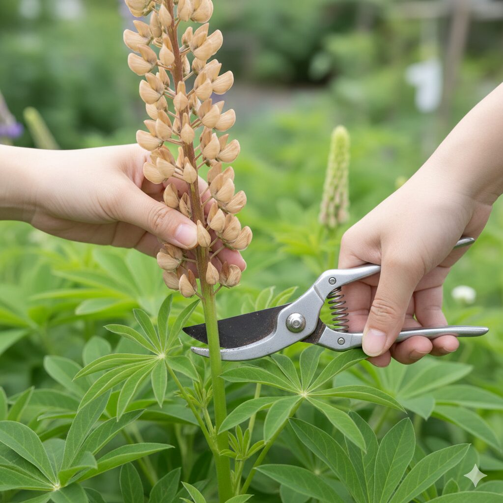 ルピナス育て方 プランター8　ルピナスの花殻摘みの手順。咲き終わった花穂の茎を、株元の付け根からハサミで切り取ろうとしている正しい剪定位置。