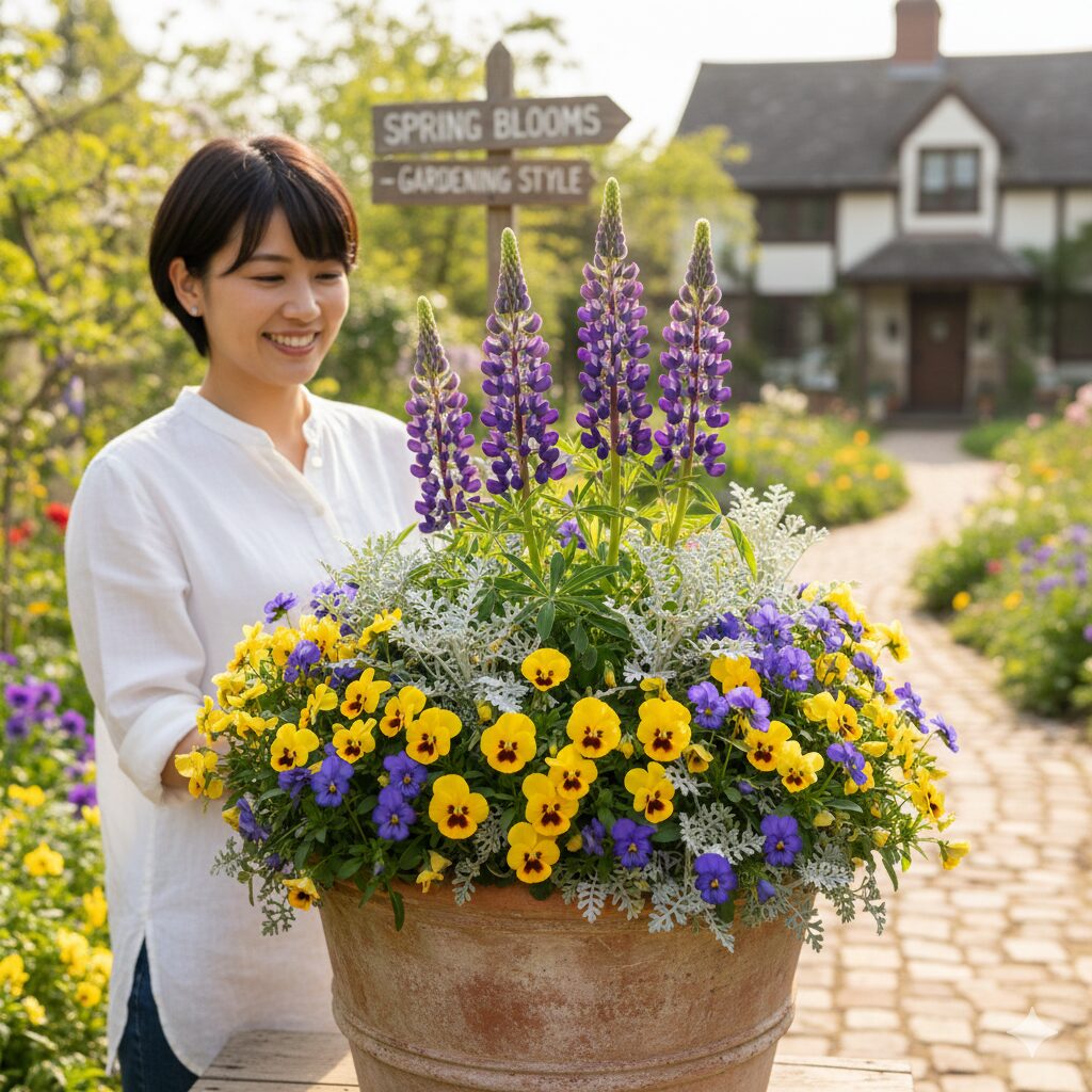 ルピナス育て方 プランター9　ルピナスを主役にした春の寄せ植え。後方に紫のルピナス、手前に黄色いパンジーとシルバーリーフを配置したテラコッタ鉢。