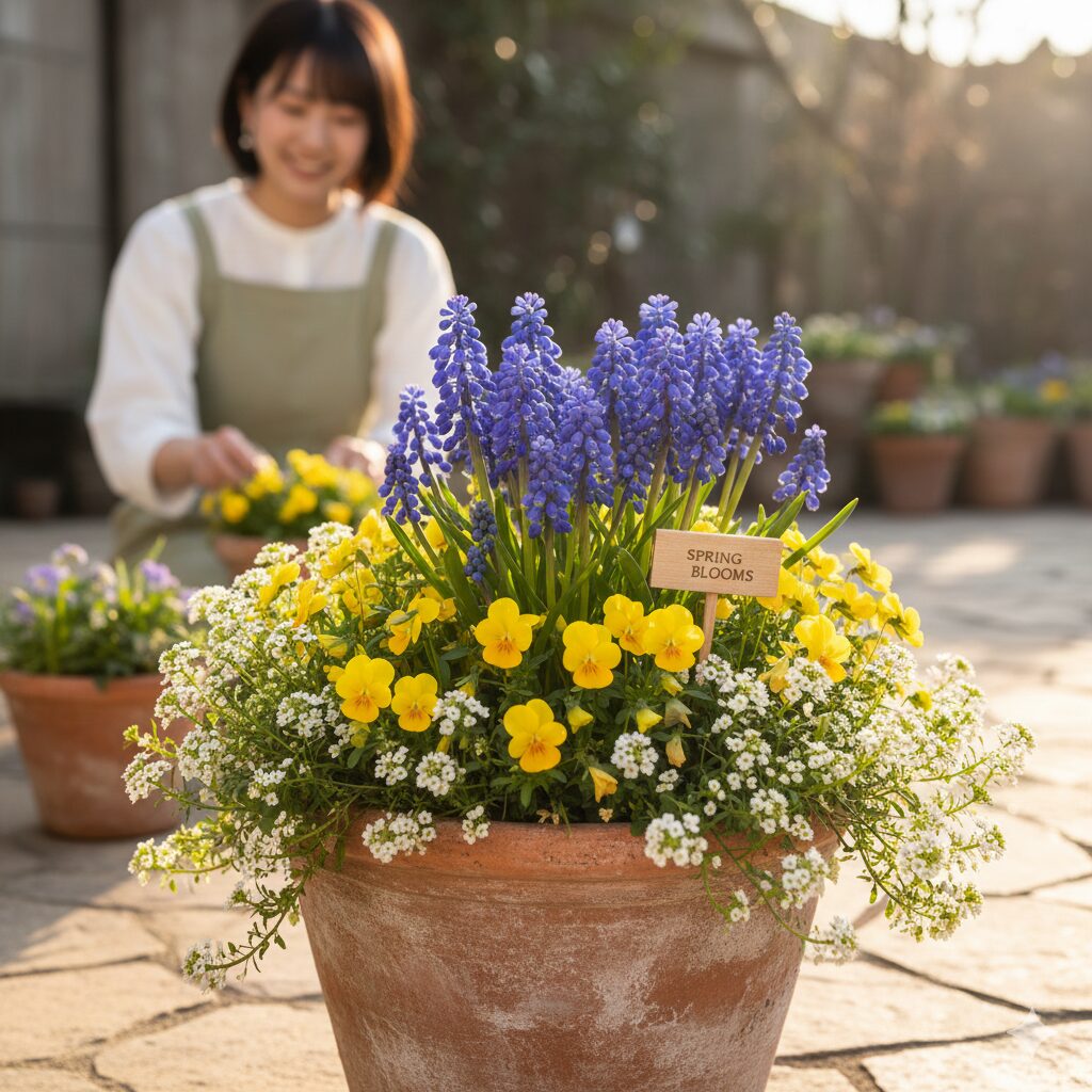 ルリ ムスカリ　青紫色のルリムスカリを主役に、黄色のビオラと白いアリッサムを組み合わせた春の美しい寄せ植え鉢。