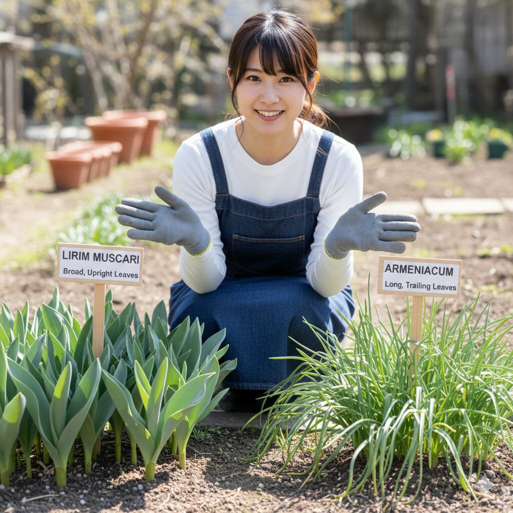 ルリ ムスカリ　ルリムスカリとアルメニアカム種の葉の比較写真。左は葉が短く立つルリムスカリ、右は葉が長く垂れるアルメニアカム種。
