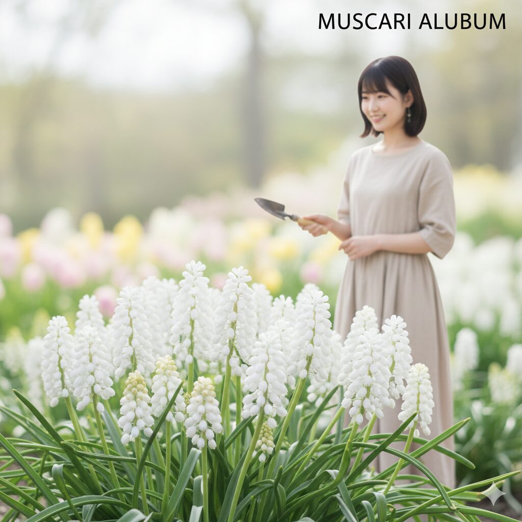 ルリ ムスカリ　純白の小さな花が密集して咲くルリムスカリの白花品種「アルブム」。葉が短くコンパクトな草姿。