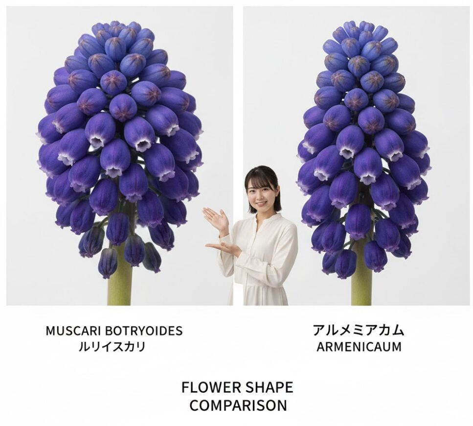 ルリ ムスカリ　ルリムスカリとアルメニアカム種の花形の比較。左は丸みを帯びた球形のルリムスカリ、右は縦長の壺型のアルメニアカム種。