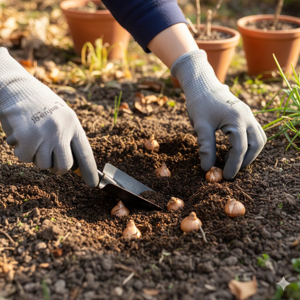 ルリ ムスカリ　秋の庭でルリムスカリの球根を植え付ける作業の様子。水はけの良い土に適切な深さで配置された球根。