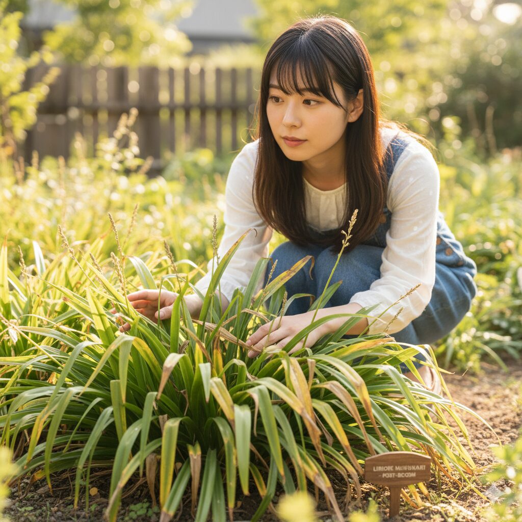 ルリ ムスカリ　花後に光合成のために残されたルリムスカリの葉。初夏になり自然に黄色く枯れ始めているが、まだ切ってはいけない状態。