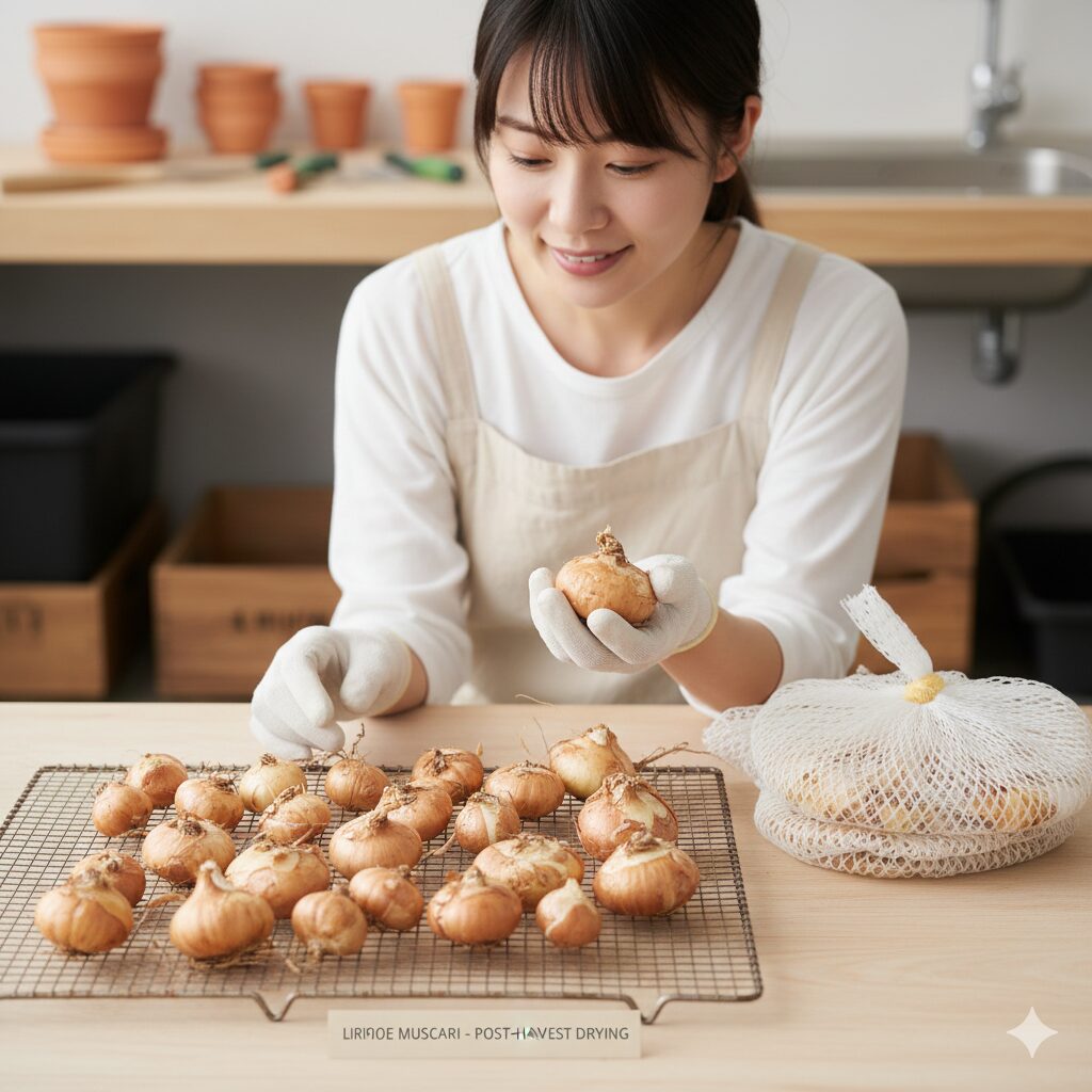 ルリ ムスカリ　6月に掘り上げられ、乾燥保存のために並べられたルリムスカリの球根。大小様々な健康な状態。