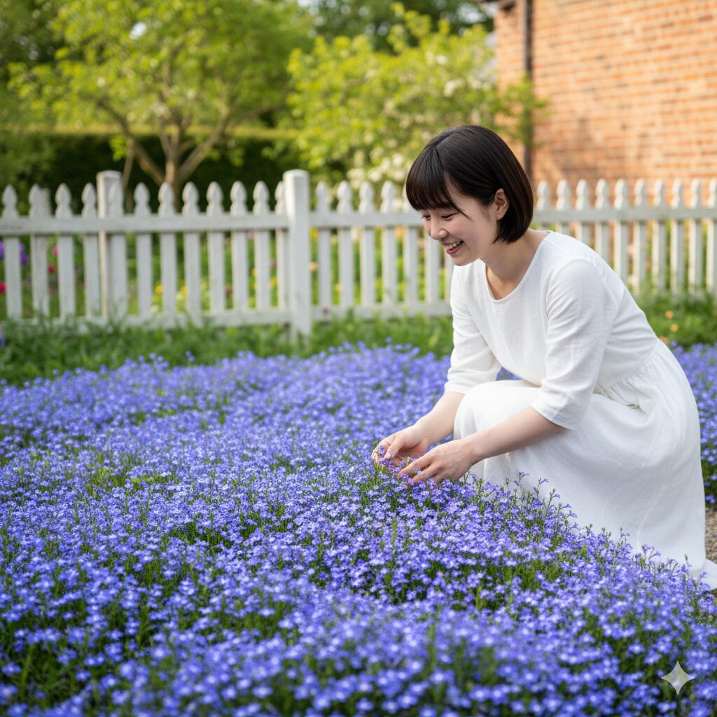ロベリア 地植え1　地植えで満開に咲き誇るロベリアの美しい青い花壇と庭の風景