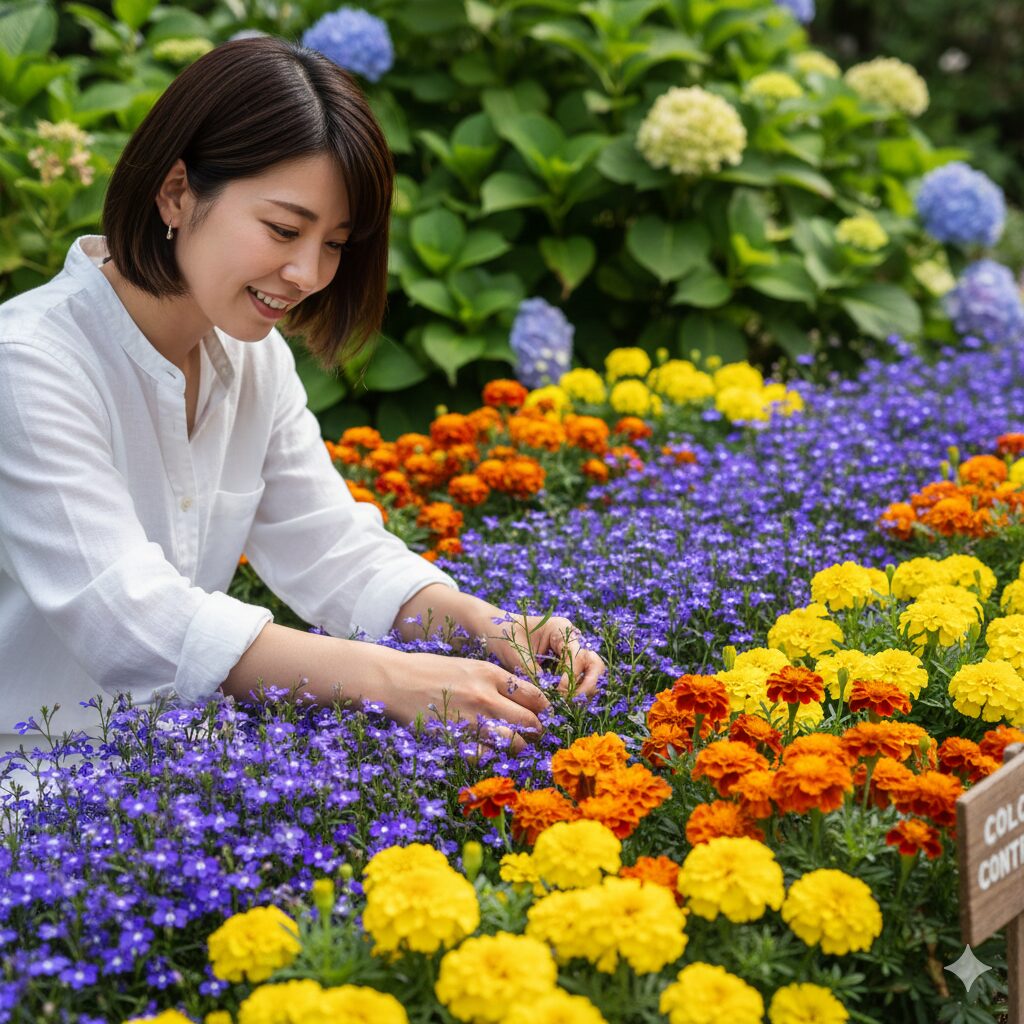 ロベリア 地植え10　青いロベリアとオレンジのマリーゴールドを組み合わせた相性の良い混植花壇