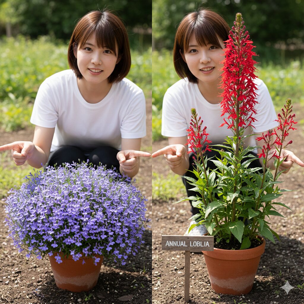 ロベリア 地植え2　こんもり咲く一年草ロベリアと直立する宿根ロベリアの草姿の違い比較