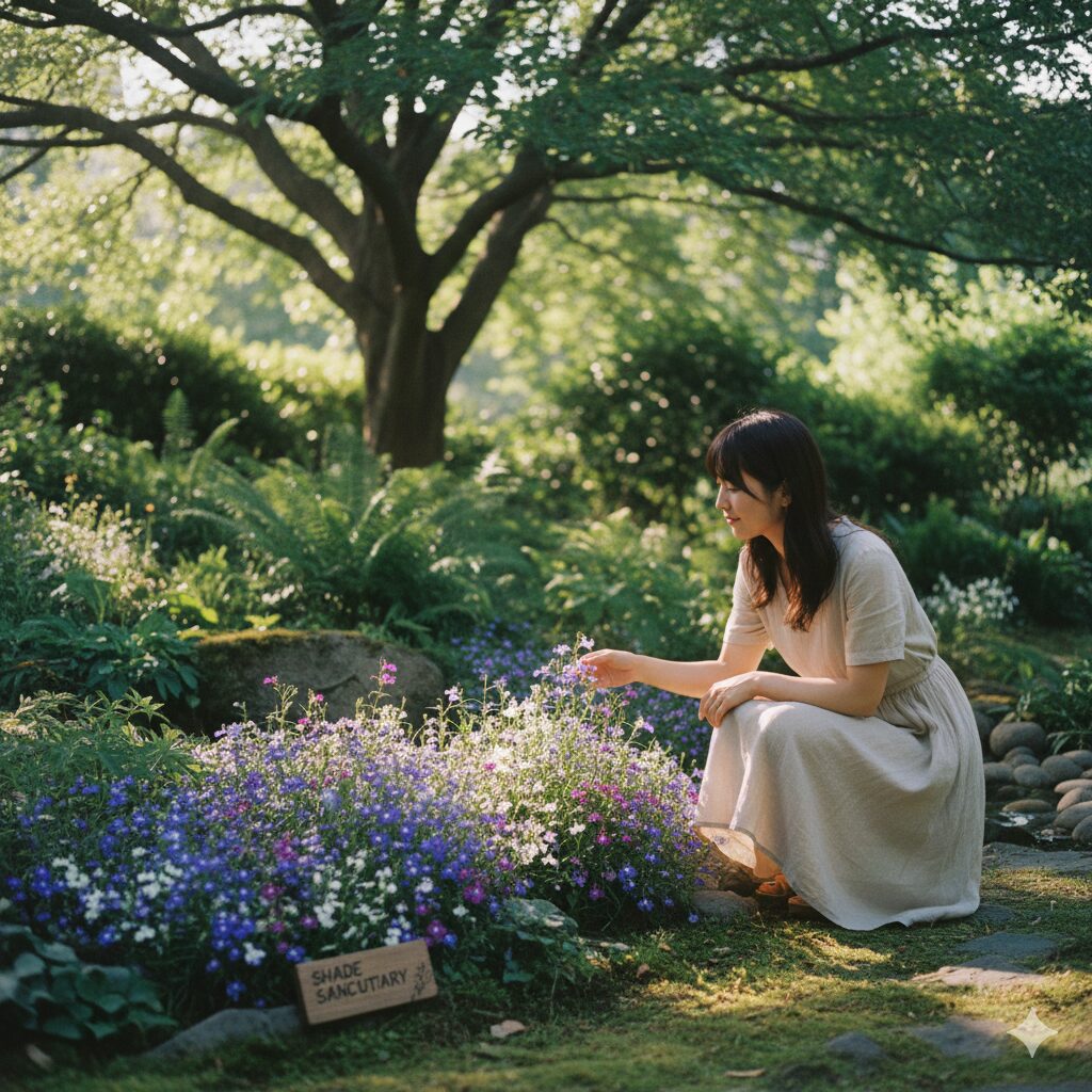 ロベリア 地植え5　美しい庭の木陰（シェードガーデン）に植えられたロベリア。大きな落葉樹の下で、木漏れ日が優しくロベリアに当たっている。強い西日が遮られ、涼しげで快適そうな環境。午後の柔らかな光の演出。