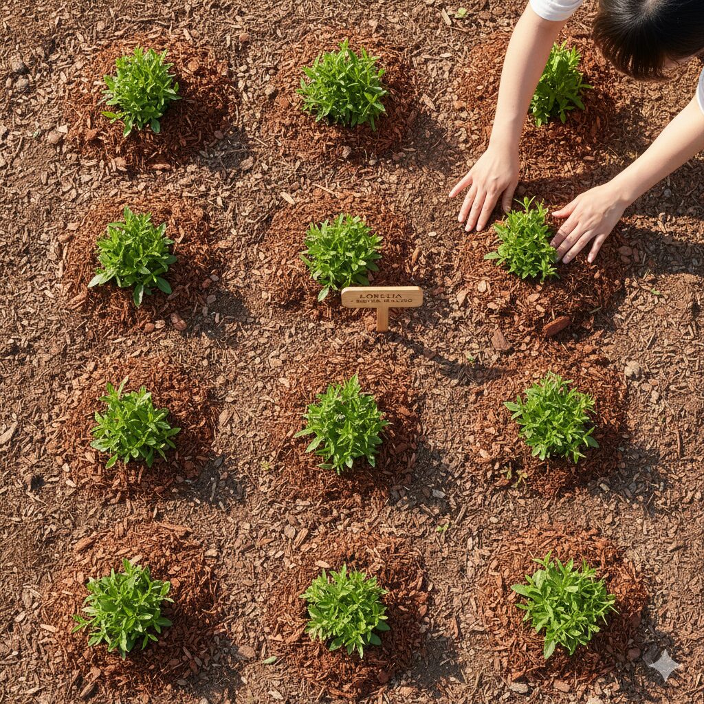 ロベリア 地植え6　蒸れを防ぐために十分な株間を空けて定植されたロベリアの苗