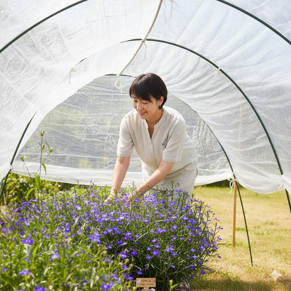ロベリア 地植え9　夏の直射日光と高温からロベリアを守るための遮光ネット設置例