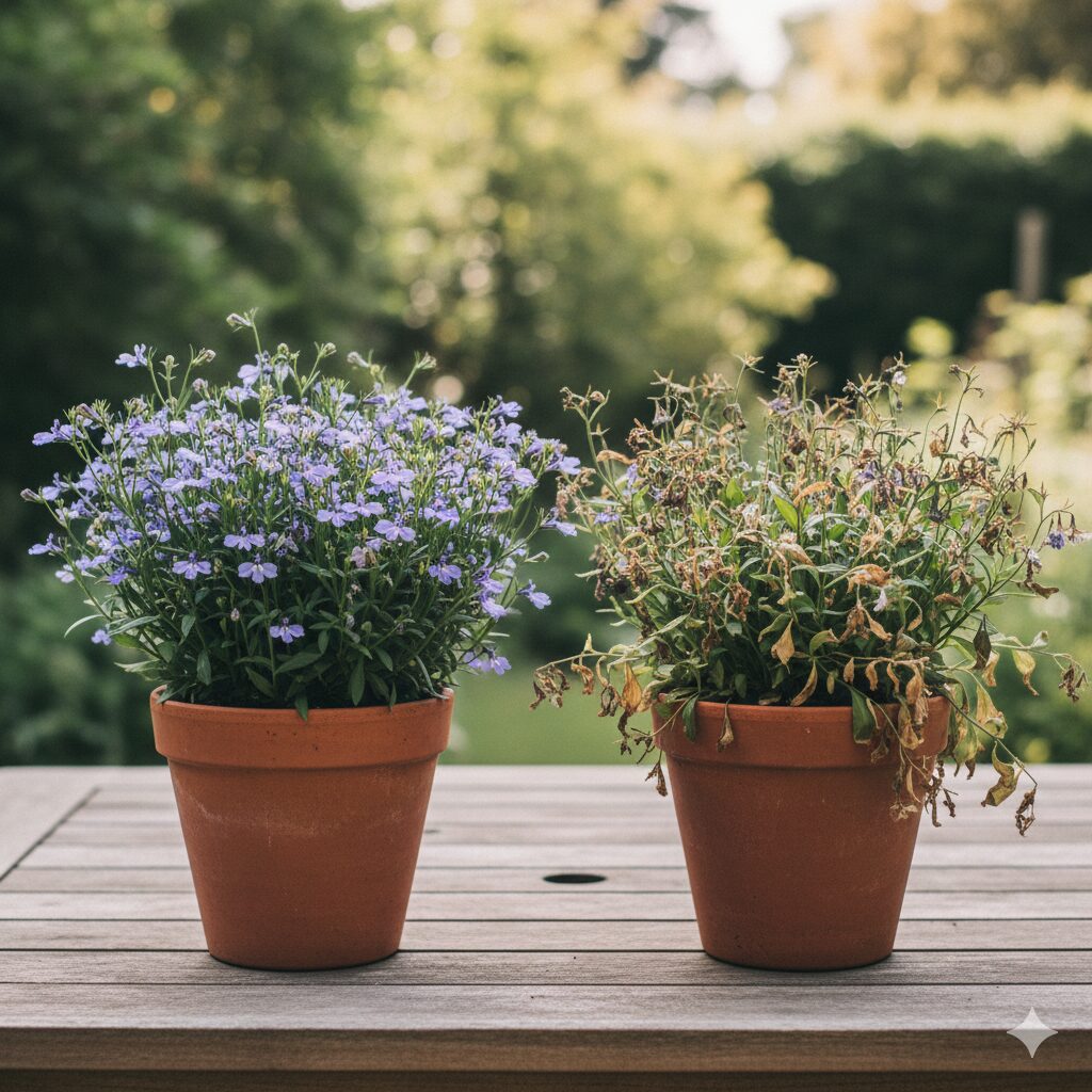 ロベリア 枯れる 原因1　元気なロベリアと枯れる原因によりしおれたロベリアの比較写真