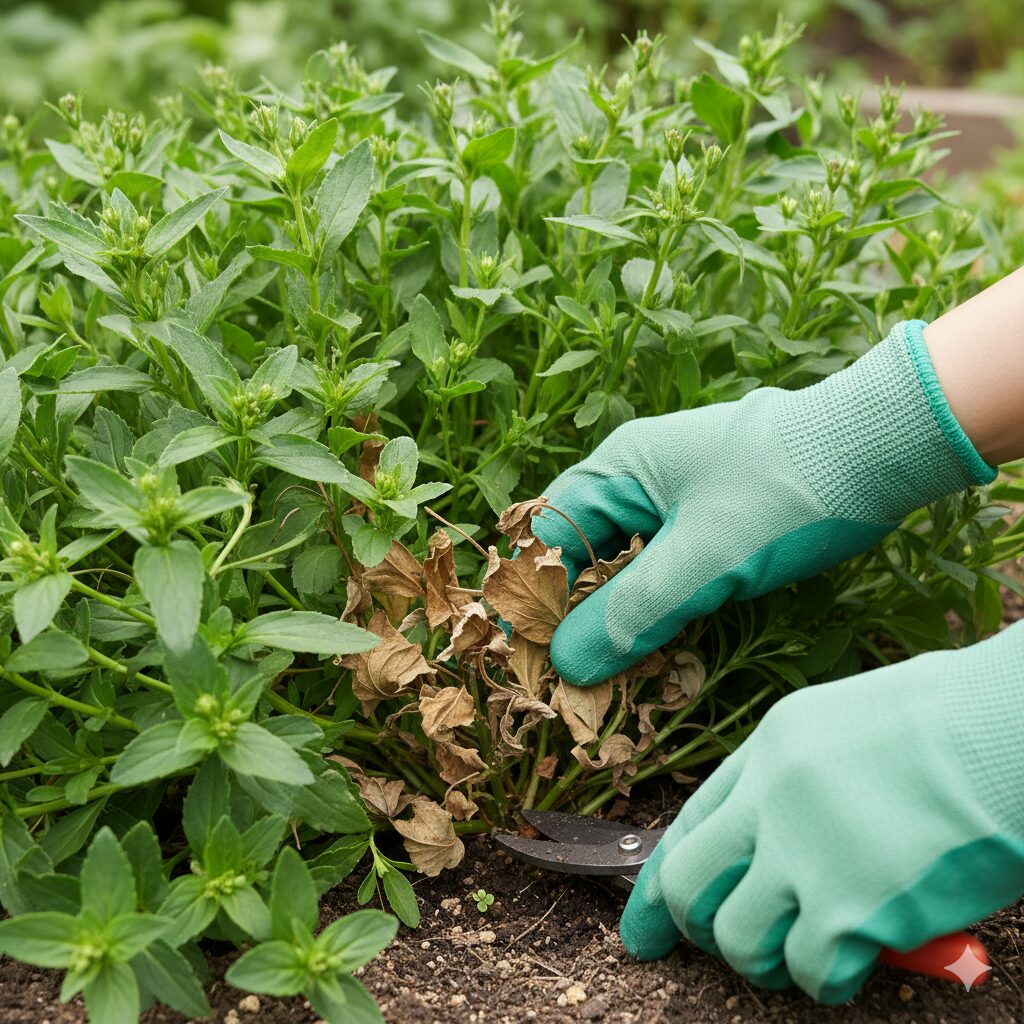 ロベリア 枯れる 原因2　ロベリアの株元で生理現象により茶色く変色した下葉と手入れの様子