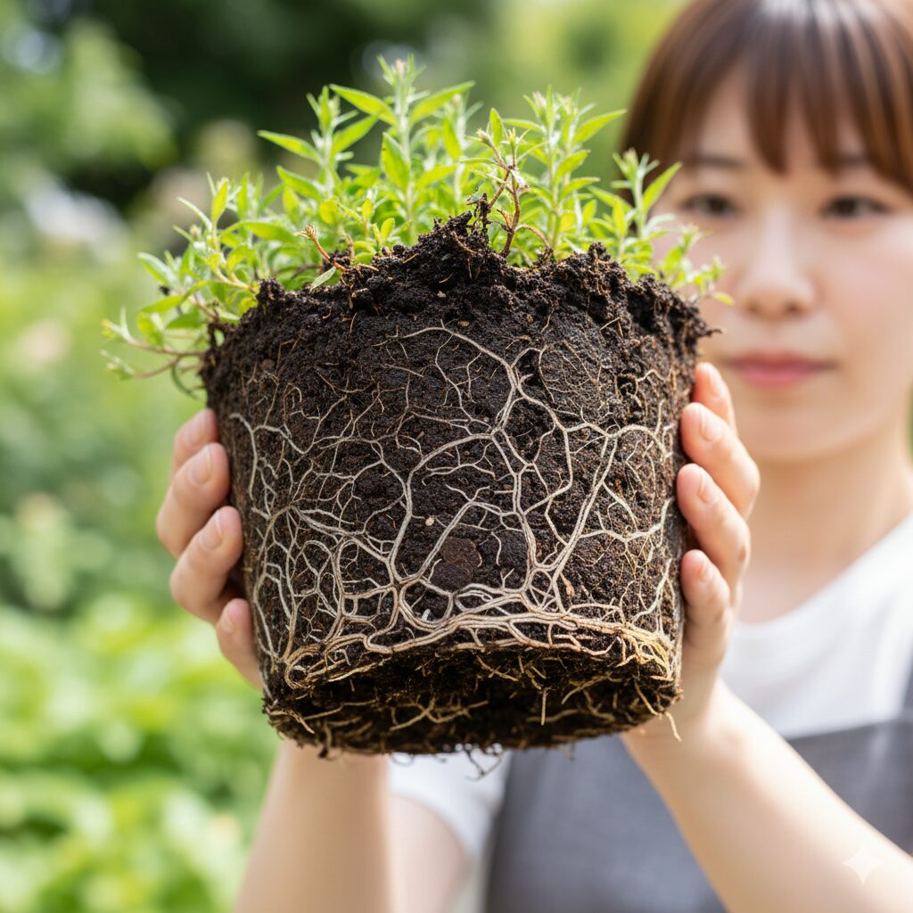 ロベリア 枯れる 原因3　根腐れを起こして黒く変色したロベリアの根の状態