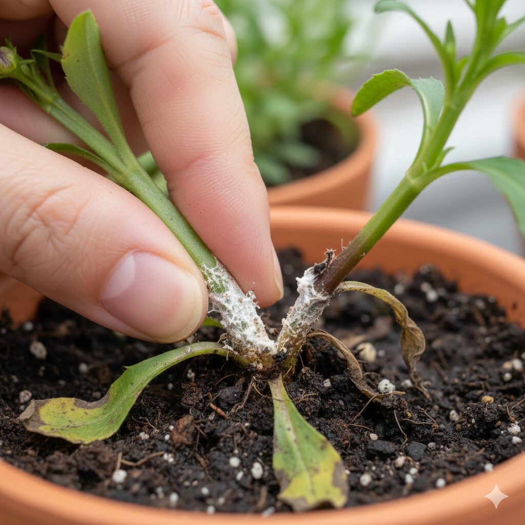 ロベリア 枯れる 原因4　ロベリアの茎腐れ病や白絹病の症状である白いカビと腐敗