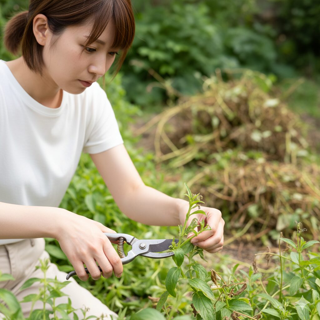 ロベリア 枯れる 原因5　枯れかけたロベリアを復活させるために健康な節の上で切り戻しを行う様子