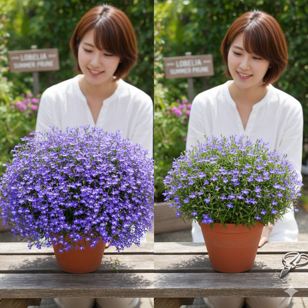 ロベリア 枯れる 原因6　夏越し対策として草丈を半分に切り戻したロベリアの様子