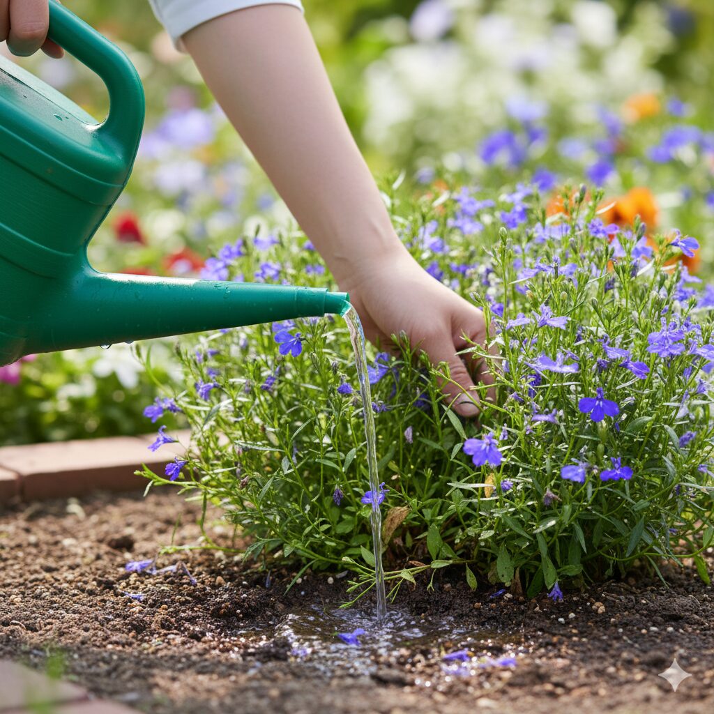 ロベリア 枯れる 原因7　蒸れを防ぐために葉を持ち上げてロベリアの株元に水やりをする正しい方法