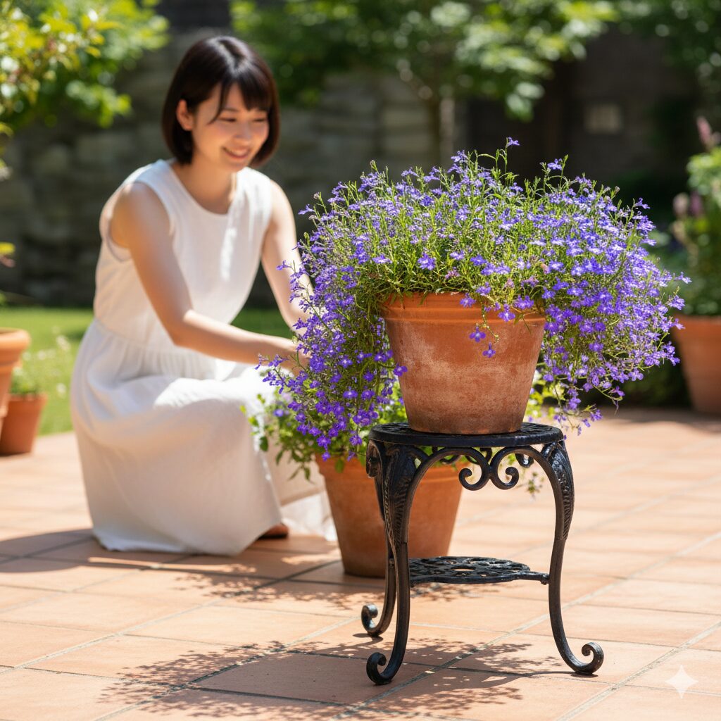 ロベリア 枯れる 原因8　夏の地熱と蒸れを防ぐためにフラワースタンドに置かれたロベリア