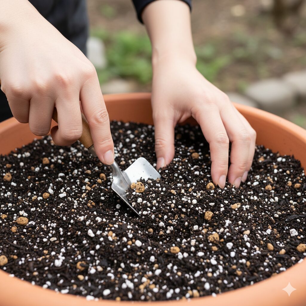 ロベリア 枯れる 原因9　ロベリアの根腐れを防ぐためにパーライトを混ぜて排水性を高めた培養土