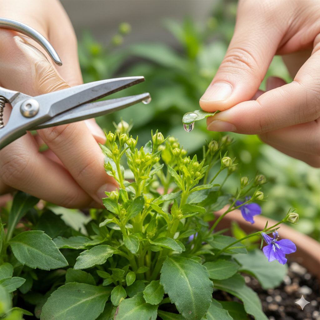 ロベリア 育て方 摘芯2 植え付け後2週間経過し摘芯の適期を迎えたロベリアの健康な苗