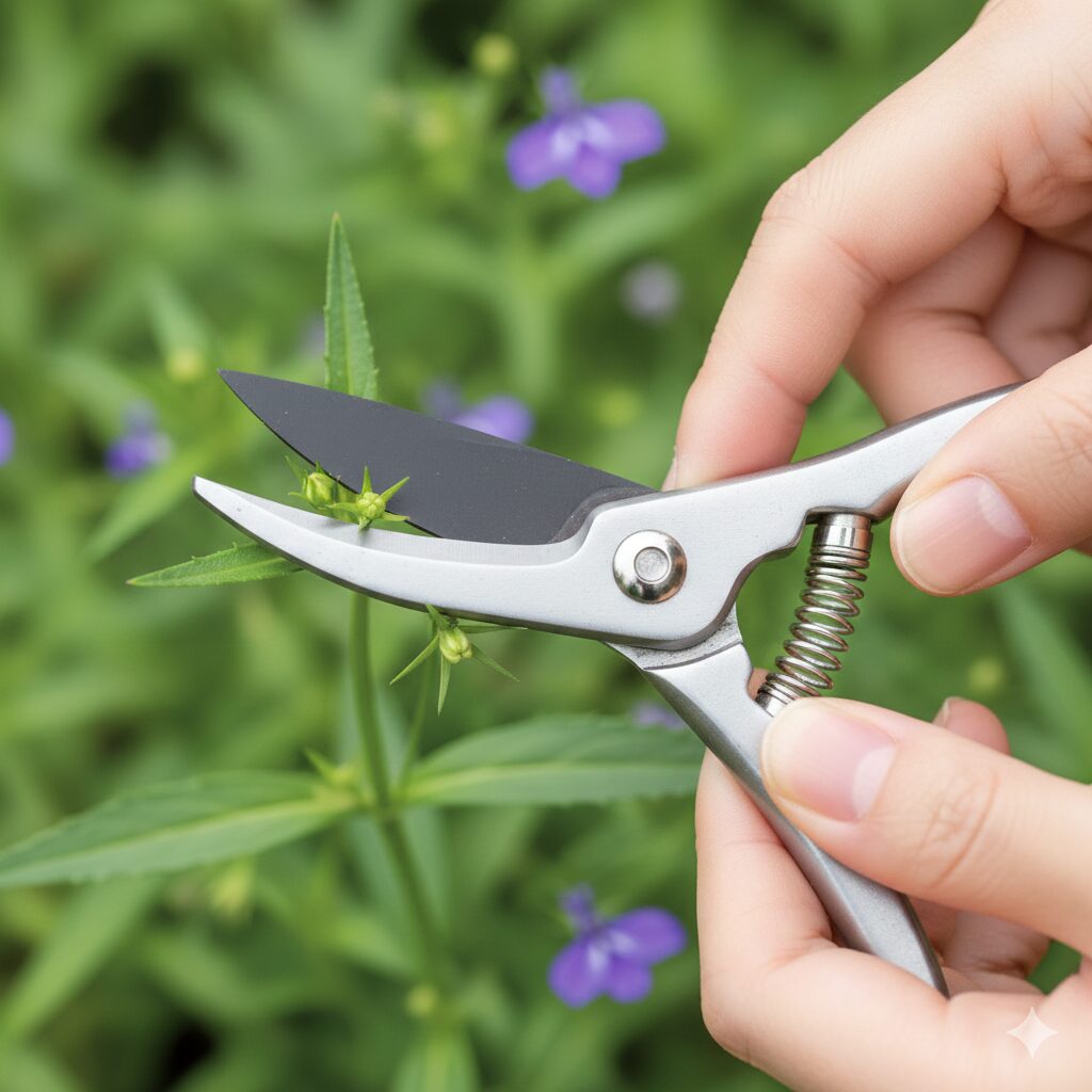 ロベリア 育て方 摘芯3 ロベリアの摘芯位置の拡大図、葉の付け根のすぐ上で茎をカットする正しい方法