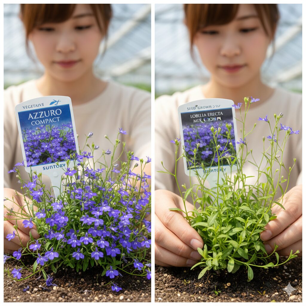 ロベリア 育て方 摘芯4 分枝力が強い栄養系ロベリアのアズーロコンパクトと実生系品種の苗の比較