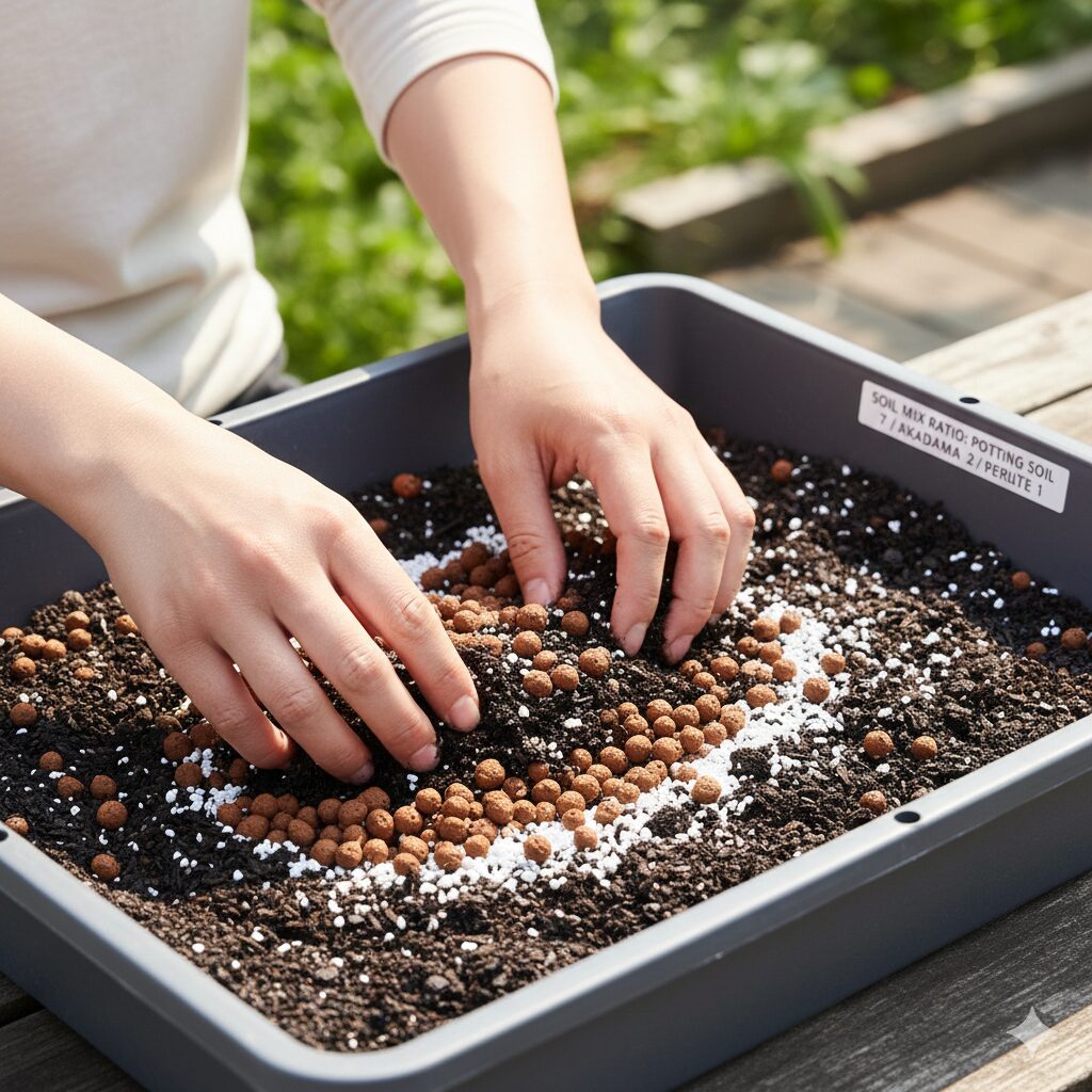 ロベリア 育て方 摘芯5 ロベリアの水はけを良くするための土作り、培養土に赤玉土とパーライトを配合