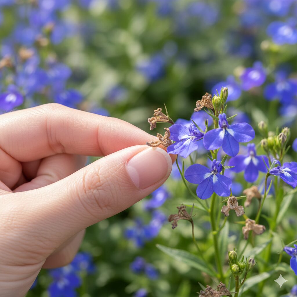 ロベリア 育て方 摘芯6 ロベリアの開花期を延ばす花がら摘み、咲き終わった花を除去する様子