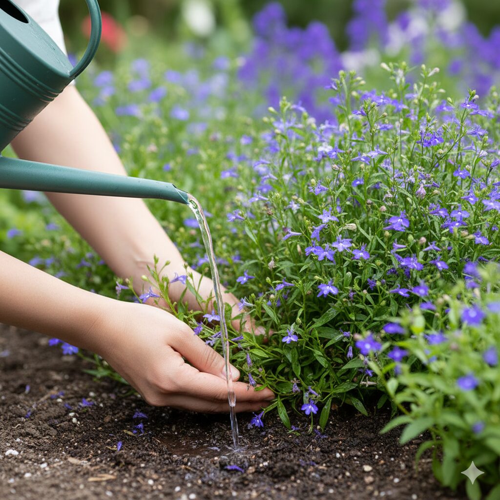 ロベリア 育て方 摘芯7 ロベリアの正しい水やり方法、葉を持ち上げて株元の土に直接水を注ぐ