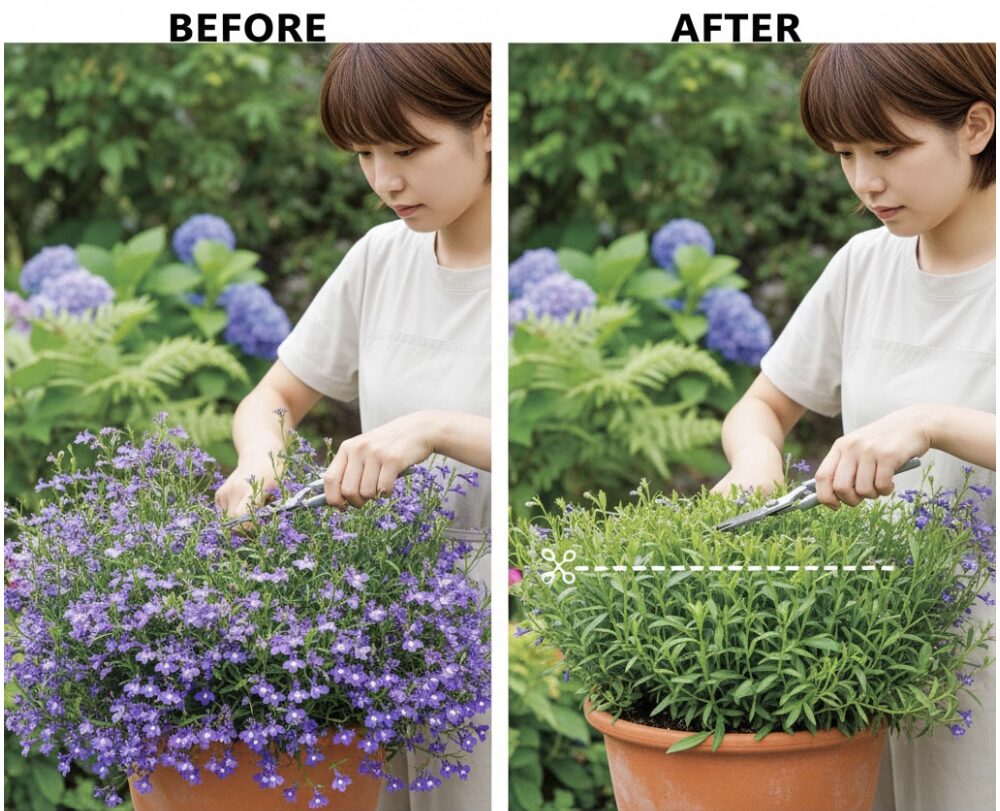 ロベリア 育て方 摘芯8 ロベリアの夏越し対策、梅雨入り前に草丈の半分まで切り戻し通気性を確保した株
