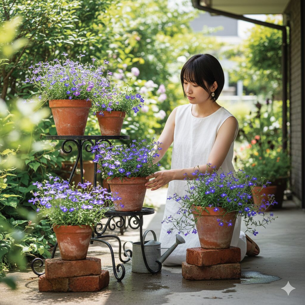 ロベリア 育て方 摘芯9 ロベリアの蒸れ防止対策、フラワースタンドを使用して地面の熱から鉢を守る配置