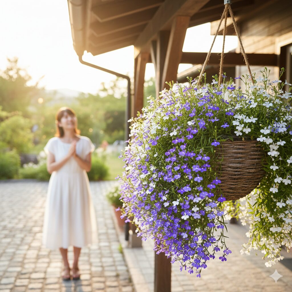 ロベリア 花言葉 怖い10　子供やペットの誤食を防ぐ安全な栽培方法として、高い位置に吊るされたハンギングバスケットで美しく咲くロベリアの様子。