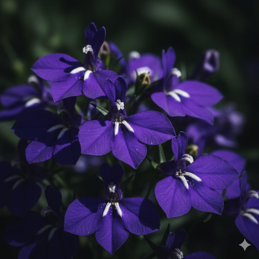 ロベリア 花言葉 怖い2　「悪意」や「毒」といった怖い花言葉の由来とされる、深く濃い紫色と青色のロベリアの花の超クローズアップ。