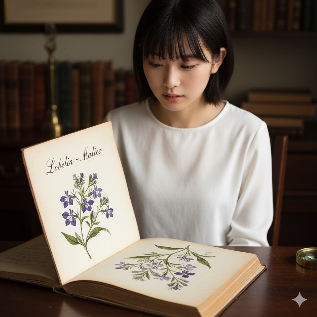 ロベリア 花言葉 怖い3　ヴィクトリア朝時代のアンティークな植物図鑑の挿絵。「悪意」を意味する「Malice」の花言葉が記されたロベリアの古い植物画。