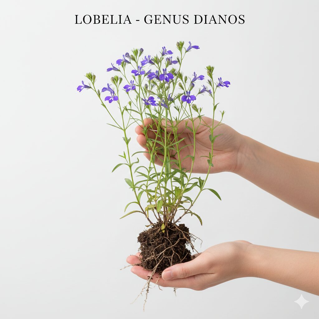 ロベリア 花言葉 怖い4　毒性成分ロベリンを含むロベリアの全草（花、茎、葉、根）の植物学的な写真。誤食への注意喚起のための資料画像。