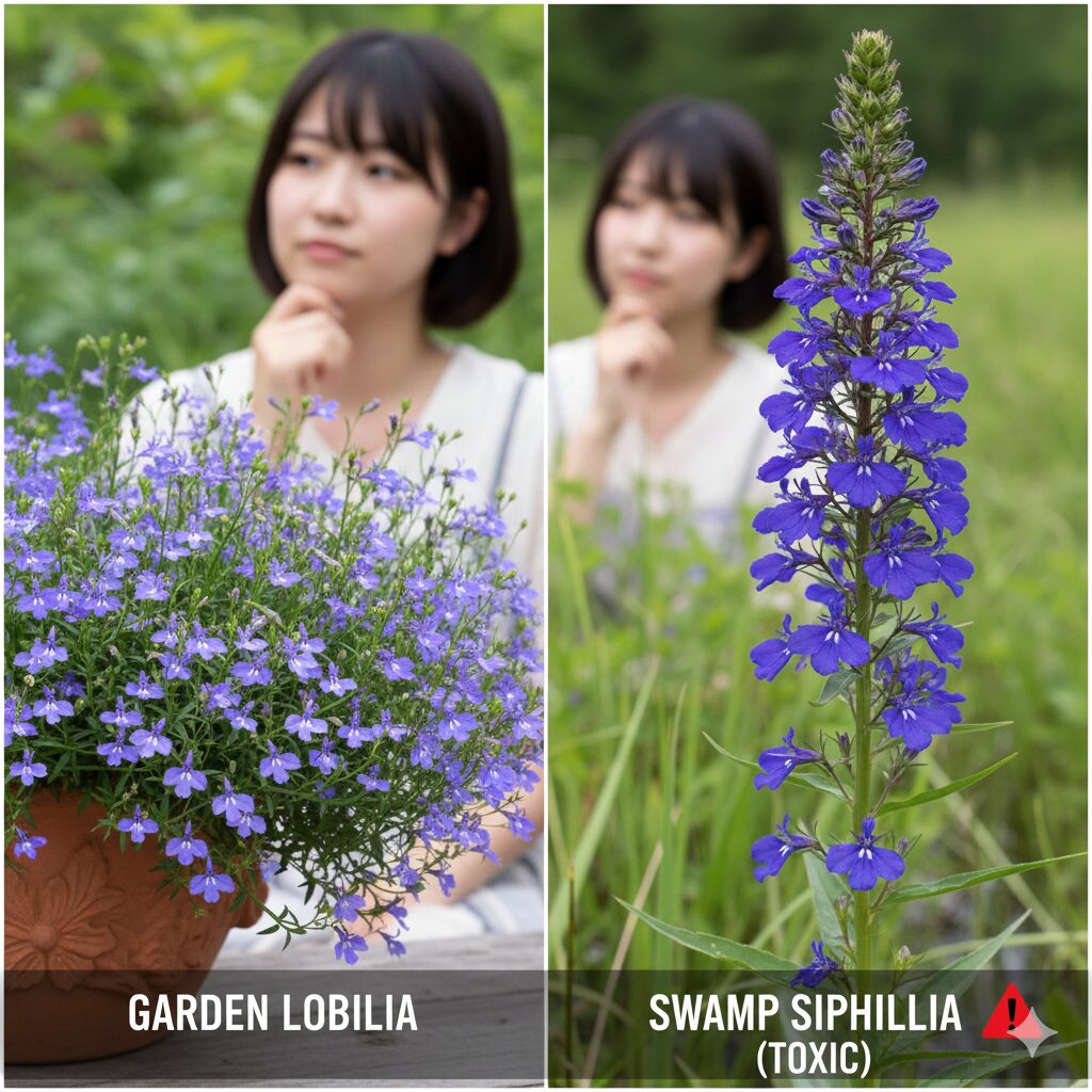 ロベリア 花言葉 怖い5　園芸品種のロベリア（左）と強力な有毒植物である野生種のサワギキョウ（右）の外見的な特徴を比較した写真。