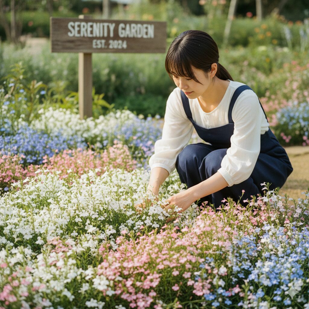 ロベリア 花言葉 怖い6　怖い花言葉とは対照的な、白やピンク、水色などの明るく優しい色合いのロベリアが咲き揃う平和な花壇の様子。