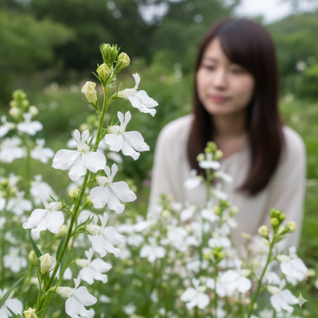 ロベリア 花言葉 怖い7　「貞淑」「謙遜」というポジティブな花言葉を持つ、純白のロベリアの花が清楚に咲いているクローズアップ写真。