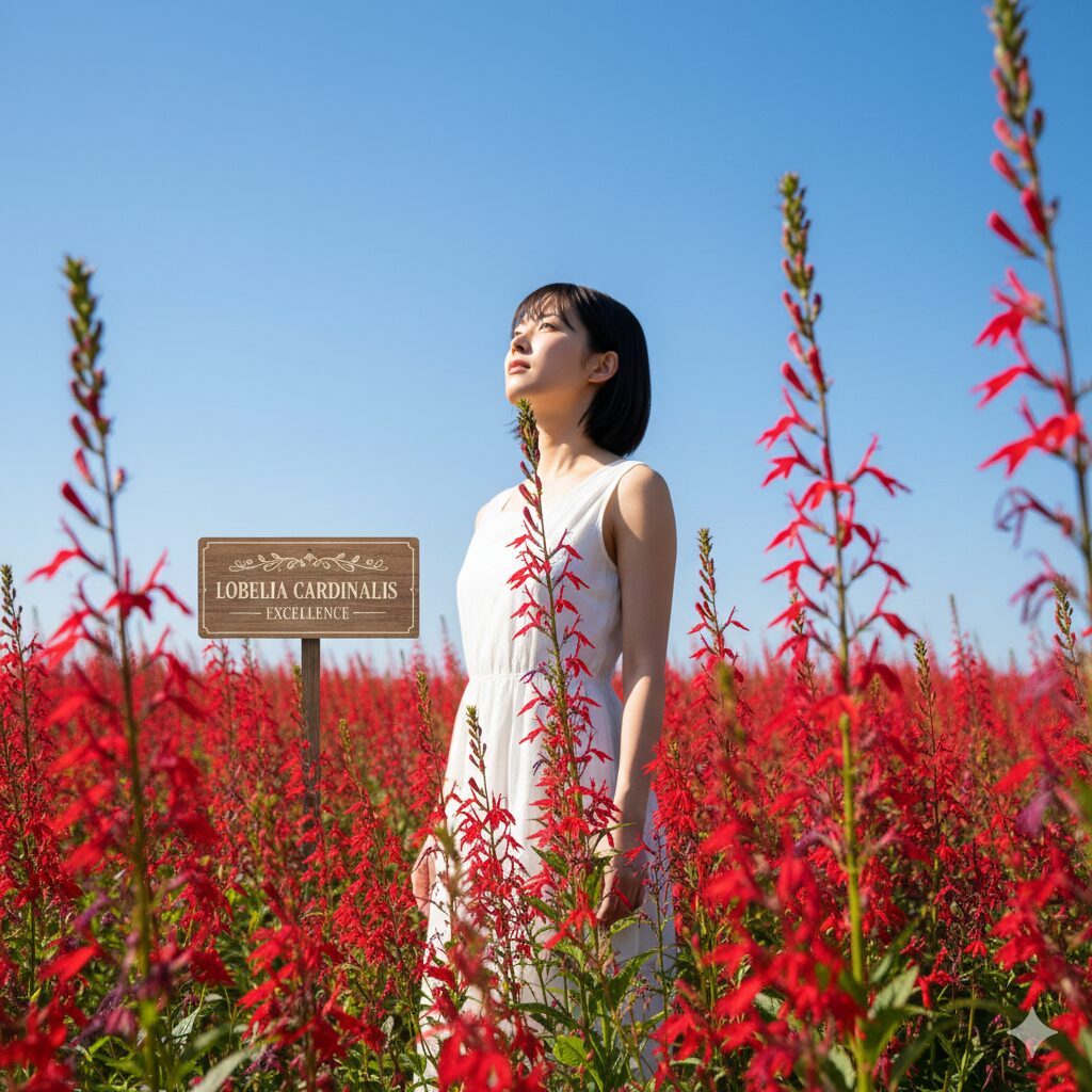 ロベリア 花言葉 怖い8　「卓越」「優秀」という力強い花言葉を持つ、鮮烈な赤色のロベリア・カーディナリス（ベニバナサワギキョウ）が威厳を持って咲く様子。