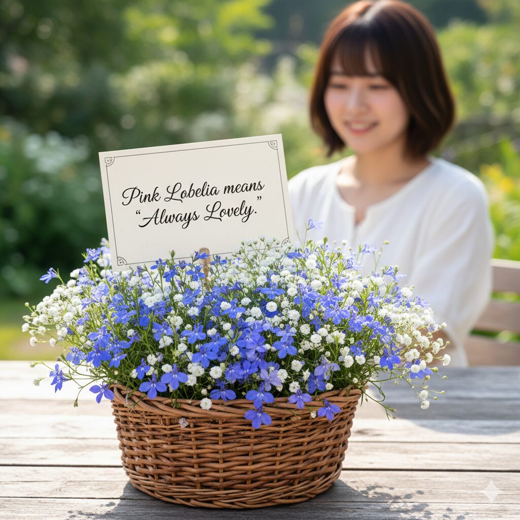 ロベリア 花言葉 怖い9　プレゼントにおすすめのロベリアとカスミソウの寄せ植えバスケット。ポジティブな花言葉を添えたメッセージカードが重要であることを示す写真。