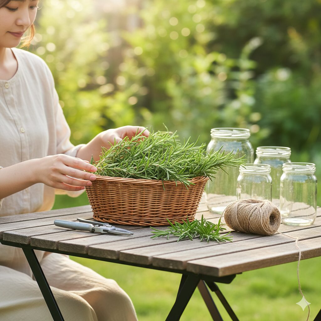 ローズマリー 使い方 料理以外　庭で収穫された大量のローズマリーと、保存や加工のためのガラス瓶や道具