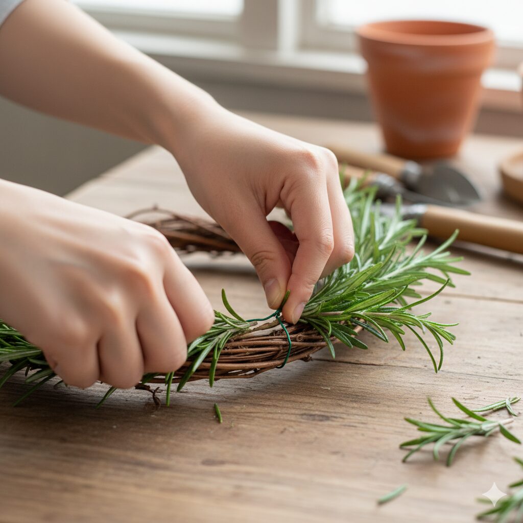 ローズマリー 使い方 料理以外　乾燥後の収縮を防ぐためにローズマリーリースをワイヤーできつく巻いている手元