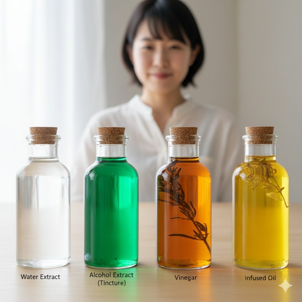 ローズマリー 使い方 料理以外　ローズマリーの成分抽出比較：水出し、アルコールチンキ、ハーブビネガー、インフューズドオイルの色の違い