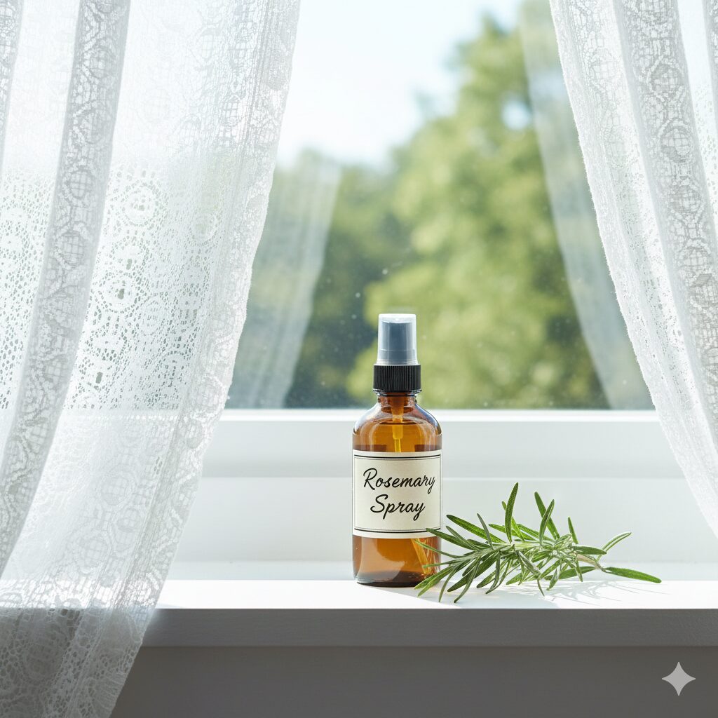 ローズマリー 使い方 料理以外　窓辺に置かれた手作りのローズマリー虫除けスプレーと遮光ボトル
