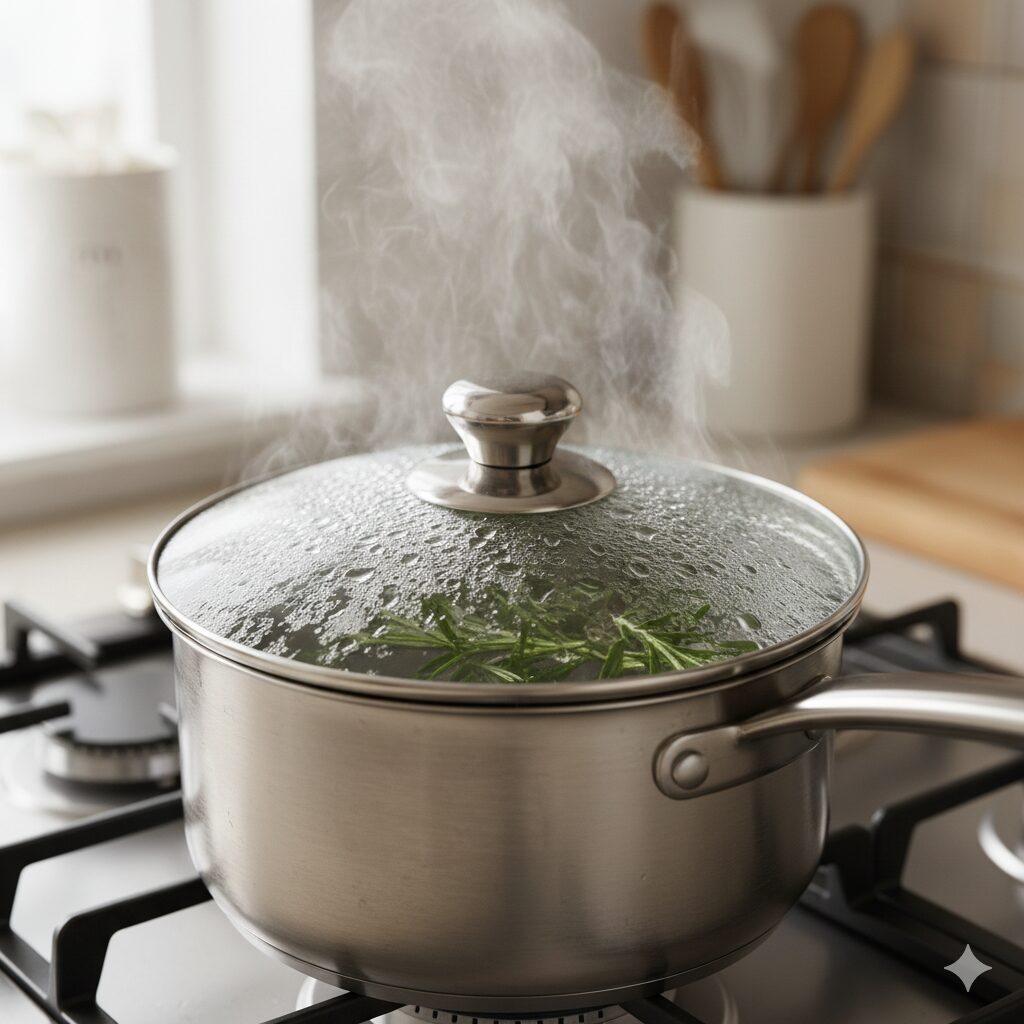 ローズマリー 使い方 料理以外　ヘアウォーターを作るために鍋でローズマリーを蓋をして煮出している様子