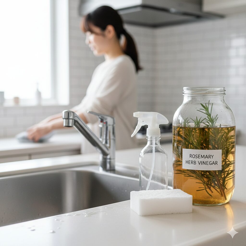 ローズマリー 使い方 料理以外　キッチン掃除に使われる手作りのローズマリービネガーと掃除道具