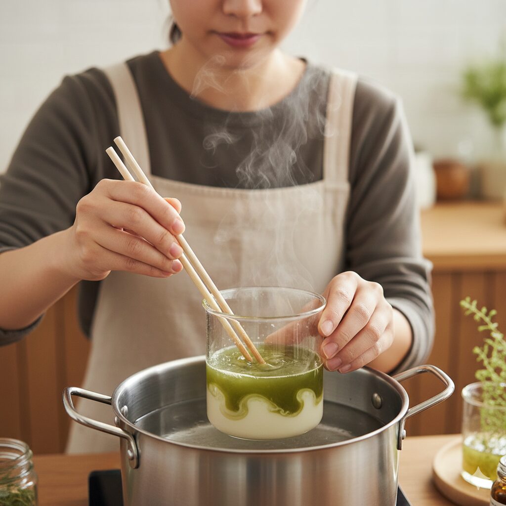 ローズマリー 使い方 料理以外　ローズマリー軟膏作り：湯煎にかけながらチンキとワセリンを混ぜ合わせている工程