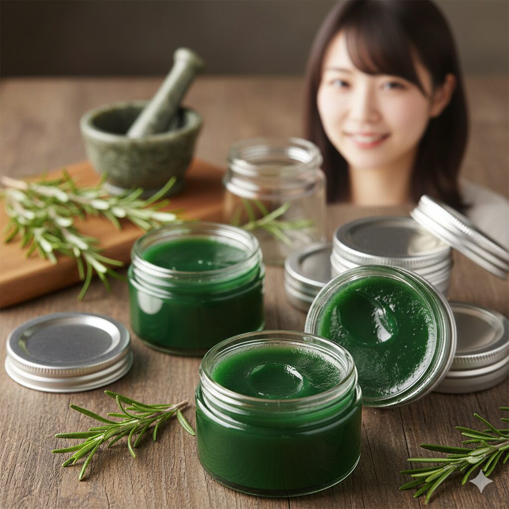ローズマリー 使い方 料理以外　完成した鮮やかなエメラルドグリーンのローズマリー軟膏（ウルソール酸配合バーム）